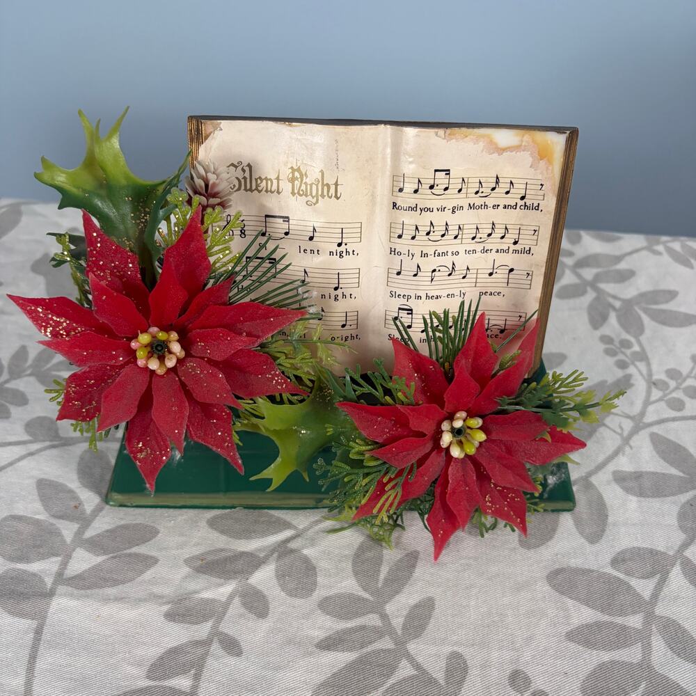 Vintage Christmas Silent Night Hymn Book Music Box Poinsettia Decor